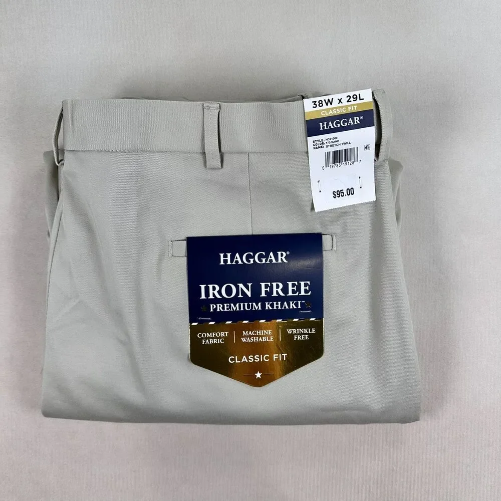 Haggar Mens 38x29 Iron Free Premium Khaki Pants Classic Fit Stretch NWT Sand